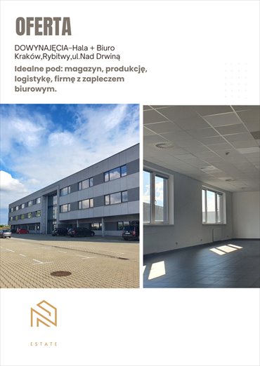 Hala 2520 m² z biurem, parking, dostęp 24/7 magazyn Kraków, Nad Drwiną