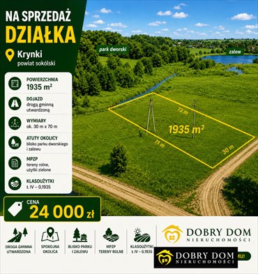 Działka 1935 m² w Krynki (blisko Sokółki i Białegostoku) działka Krynki