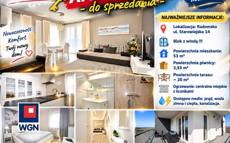 Nowoczesne 53 m² z tarasem, pełne wyposażenia. mieszkanie Radomsko, Starowiejska