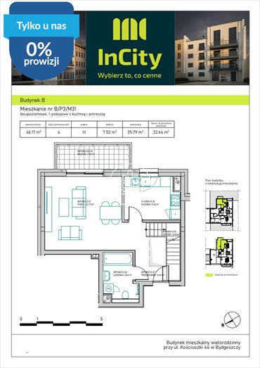Dwupokojowe mieszkanie w centrum Bydgoszczy, 47,29 m2 mieszkanie Bydgoszcz, Śródmieście, Tadeusza Kościuszki