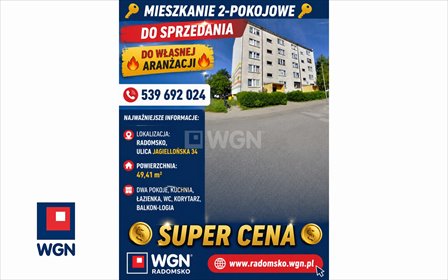 Przestronne 2-pokojowe mieszkanie z balkonem i piwnicą. mieszkanie Radomsko, Jagiellońska