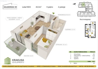 Nowoczesne 2-pokojowe mieszkanie z balkonem (43 m²) w Krakowie mieszkanie Kraków, Podgórze Duchackie, Wola Duchacka, Malborska