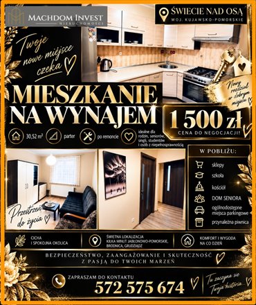 Przytulne 30,52 m² po remoncie, parter, własna aranżacja! Polecam! mieszkanie Świecie nad Osą