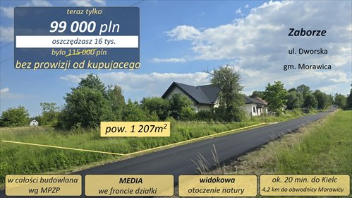 Działka 1207m² z mediami, widokiem i możliwością zabudowy działka Morawica, Zaborze, Dworska