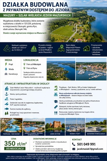 Działka budowlana z dostępem do jeziora, Mazury. działka Skorupki