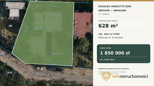 Działka inwestycyjna na Sępolnie 628 m² - zapraszam działka Wrocław, Sępolno, Smętna