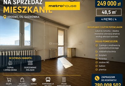 Krosno, 48,5 m² do remontu z balkonem i piwnicą mieszkanie Krosno