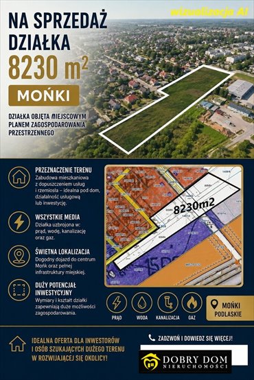 Sprzedam działkę inwestycyjną 8230 m² w Mońkach z pełnym uzbrojeniem działka Mońki