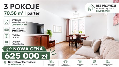 Przestronne 3-pokojowe mieszkanie 70,58 m² na parterze zapraszam mieszkanie Nowy Dwór Mazowiecki, Modlińska