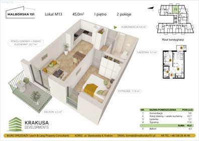 Zapraszam do komfortowego mieszkania 45 m² z balkonem w Krakowie mieszkanie Kraków, Podgórze Duchackie, Wola Duchacka, Malborska