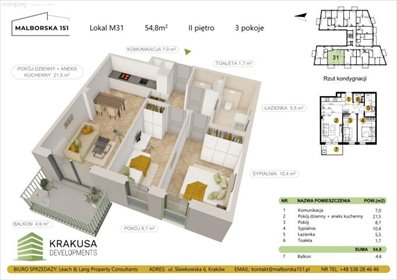 mieszkanie na sprzedaż 55m2 mieszkanie Kraków, Podgórze Duchackie, Wola Duchacka, Malborska