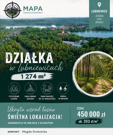 Działka 1274 m² w Lubniewicach (las, jeziora, media) działka Lubniewice