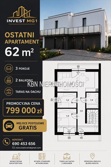 Ostatnie 3-pokojowe mieszkanie z tarasem i miejscem parkingowym mieszkanie Kraków, Nowa Huta