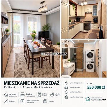 Mieszkanie 56 m² z tarasem i garażem w Pułtusku - polecam! mieszkanie Pułtusk, Pułtusk, Adama Mickiewicza