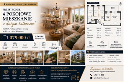 Na sprzedaż przestronne 4-pokojowe mieszkanie 86 m² z dużym balkonem mieszkanie Warszawa, Białołęka Nowodwory, Sprawna