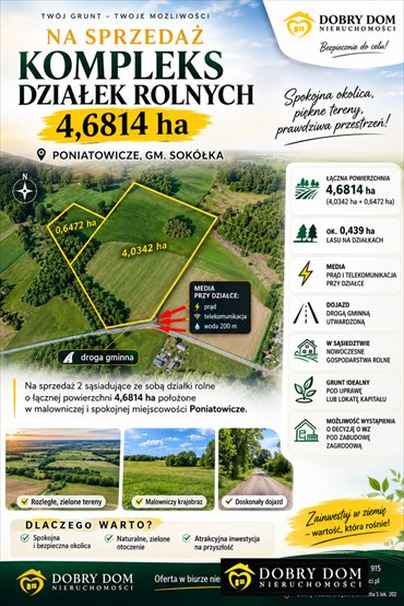 Działki 4,9 ha z lasem i mediami - polecam działka Poniatowicze