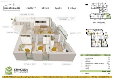 mieszkanie na sprzedaż 64m2 mieszkanie Kraków, Podgórze Duchackie, Wola Duchacka, Malborska
