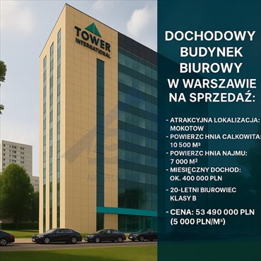 Inwestycyjny biurowiec 10 500 m², dochód 400 tys. PLN/mc lokal użytkowy Warszawa, Aleja Wilanowska (Mokotów)