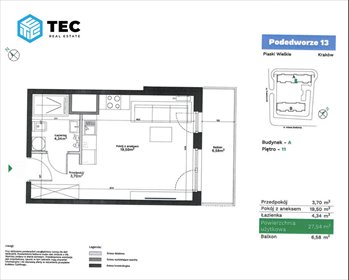 Nowoczesne 28 m² z dużym balkonem na ostatnim piętrze mieszkanie Kraków, Podgórze, Podedworze
