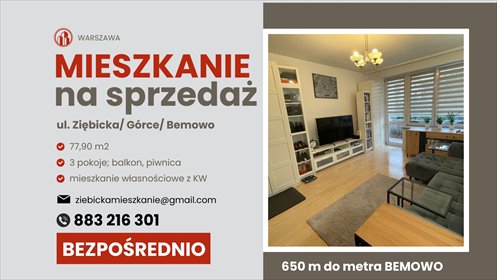Mieszkanie na sprzedaż 78m2 mieszkanie Warszawa, Bemowo, Górce, Ziębicka