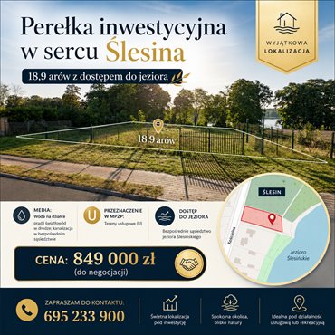 Działka usługowa z dostępem do jeziora w centrum Ślesina działka Ślesin