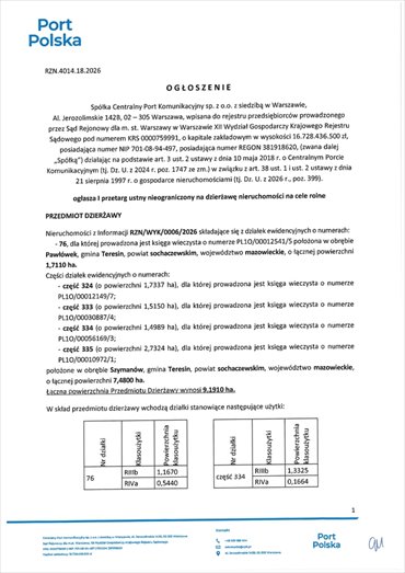działka na wynajem 91910m2 działka Teresin