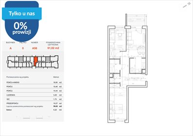 Sprzedam przestronne 3-pokojowe mieszkanie 59,83 m² w Bielawach mieszkanie Bydgoszcz, Bielawy, Jana Karola Chodkiewicza