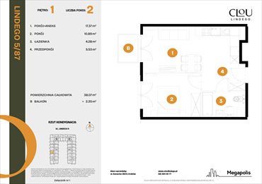 rzut mieszkanie na sprzedaż 38m2 mieszkanie Kraków, Lindego 5
