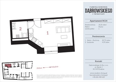 rzut mieszkanie na sprzedaż 25m2 mieszkanie Kraków, Stare Podgórze, Dąbrowskiego 16