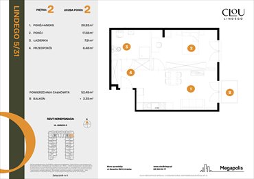 rzut mieszkanie na sprzedaż 52m2 mieszkanie Kraków, Lindego 5