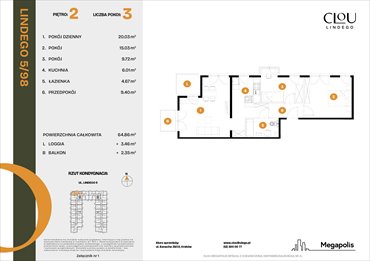 rzut mieszkanie na sprzedaż 65m2 mieszkanie Kraków, Lindego 5