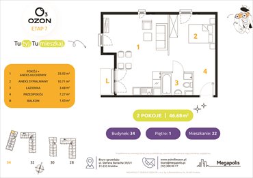 rzut mieszkanie na sprzedaż 46m2 mieszkanie Kraków, Prądnik Biały, Banacha 28-34