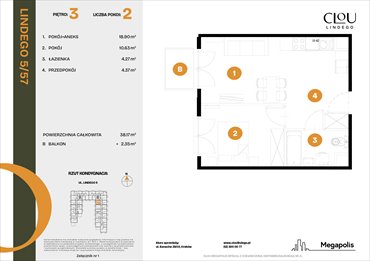 rzut mieszkanie na sprzedaż 38m2 mieszkanie Kraków, Lindego 5
