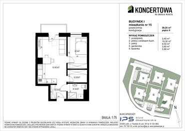 rzut mieszkanie na sprzedaż 39m2 mieszkanie Lublin, Czechów Północny, Koncertowa