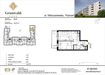 rzut mieszkanie na sprzedaż 35m2 mieszkanie Poznań, Grunwald, Wieruszowska 8