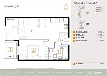 rzut mieszkanie na sprzedaż 43m2 mieszkanie Kraków, Rzemieślnicza 22-24