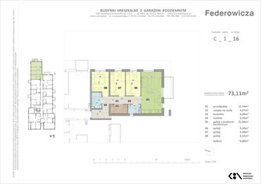 rzut mieszkanie na sprzedaż 73m2 mieszkanie Kraków, ul. Federowicza