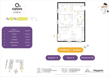rzut mieszkanie na sprzedaż 62m2 mieszkanie Kraków, Schillinga 2-4