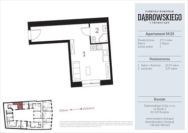 rzut mieszkanie na sprzedaż 27m2 mieszkanie Kraków, Stare Podgórze, Dąbrowskiego 16