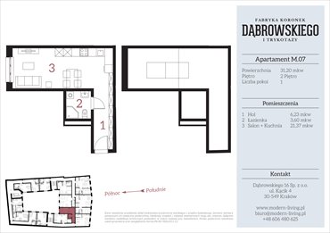 rzut mieszkanie na sprzedaż 31m2 mieszkanie Kraków, Stare Podgórze, Dąbrowskiego 16