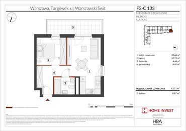 rzut mieszkanie na sprzedaż 43m2 mieszkanie Warszawa, ul. Warszawski Świt