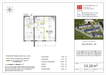 rzut mieszkanie na sprzedaż 53m2 mieszkanie Żyrardów, Rumiankowa 4
