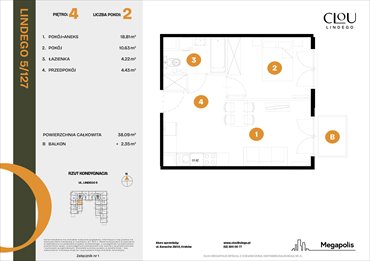 rzut mieszkanie na sprzedaż 38m2 mieszkanie Kraków, Lindego 5