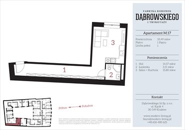 rzut mieszkanie na sprzedaż 33m2 mieszkanie Kraków, Stare Podgórze, Dąbrowskiego 16