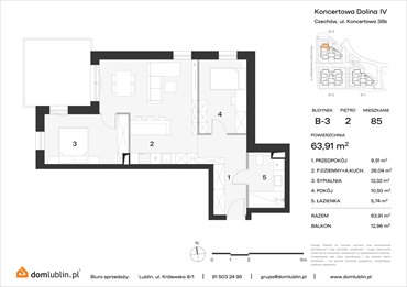 rzut mieszkanie na sprzedaż 64m2 mieszkanie Lublin, Choiny, Koncertowa