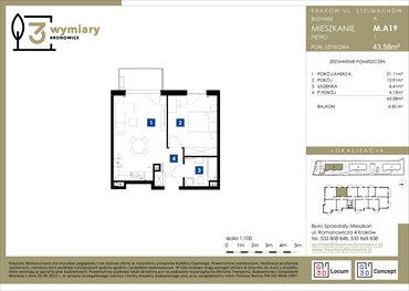 rzut mieszkanie na sprzedaż 44m2 mieszkanie Kraków, Bronowice Wielkie, Stelmachów