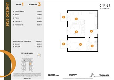 rzut mieszkanie na sprzedaż 58m2 mieszkanie Kraków, Lindego 5