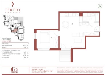 rzut mieszkanie na sprzedaż 44m2 mieszkanie Kraków, Bronowice, Gabrieli Zapolskiej 21