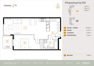 rzut mieszkanie na sprzedaż 53m2 mieszkanie Kraków, Rzemieślnicza 22-24