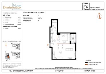 rzut mieszkanie na sprzedaż 48m2 mieszkanie Kraków, Bieżanów, Drożdżowa